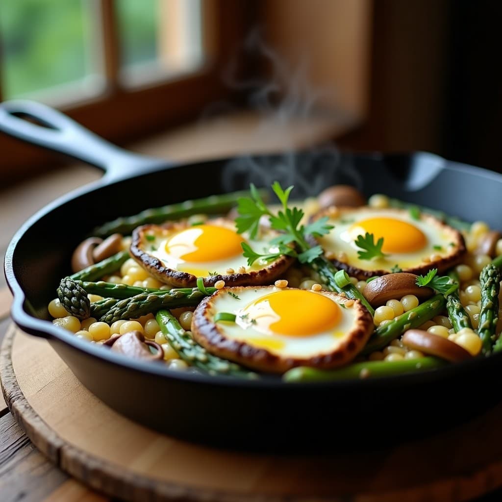 Revuelto de Champiñones Portobello y Espárragos con Huevos de Codorniz: Receta Francesa Keto en Sartén