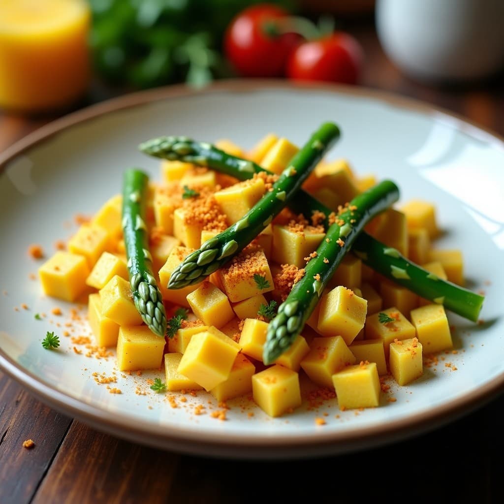 Revuelto de Tempeh con Espárragos y Azafrán: Desayuno Vegano Alto en Proteínas