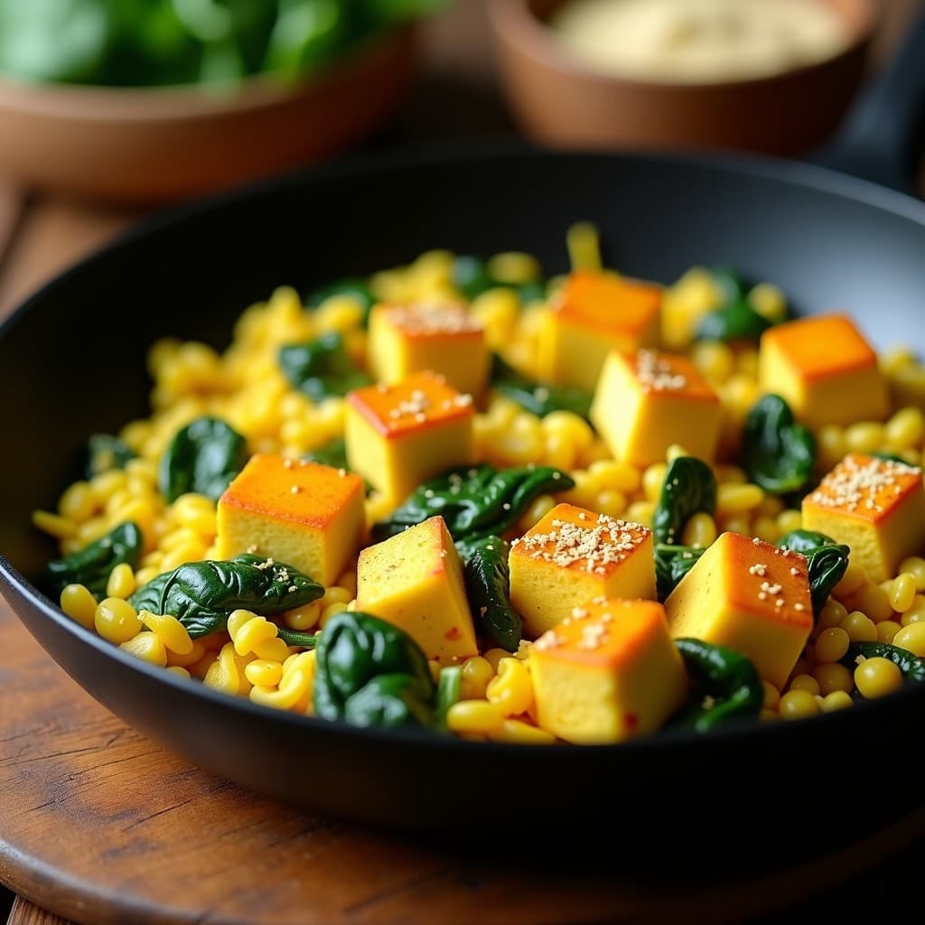 Revuelto de Tofu con Cúrcuma y Espinacas: Desayuno Proteico en Sartén Antiadherente