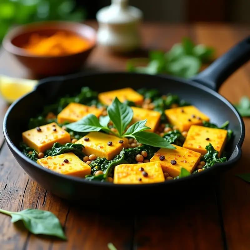 Revuelto de Tofu con Cúrcuma y Espinacas: Desayuno Indio Alta en Proteínas