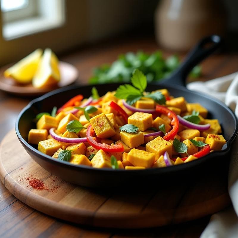 Revuelto de Tofu con Cúrcuma, Pimientos y Cebolla Morada: Desayuno Vegano Alto en Proteína