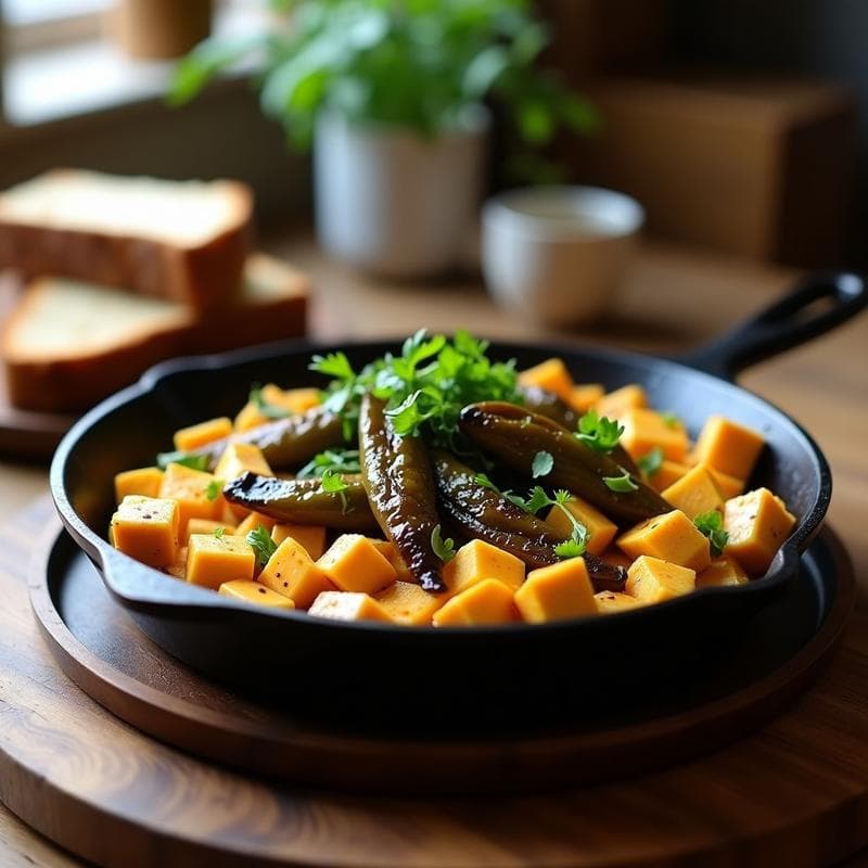 Revuelto de Tofu Escabechado con Pimientos del Padrón: Desayuno Vegano en Sartén