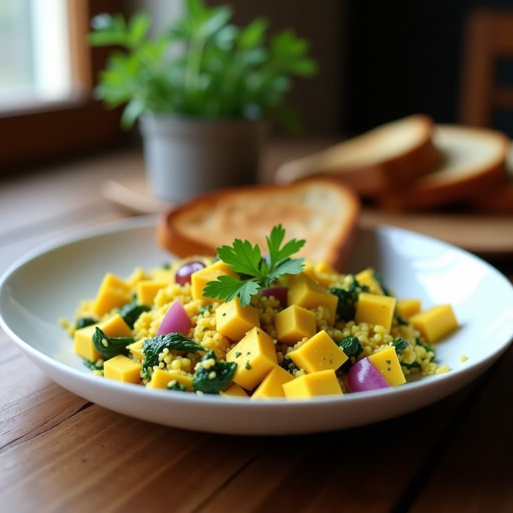 Revuelto de Tofu con Turmeric y Espinacas al Estilo Francés: Desayuno Vegano y Alto en Hierro