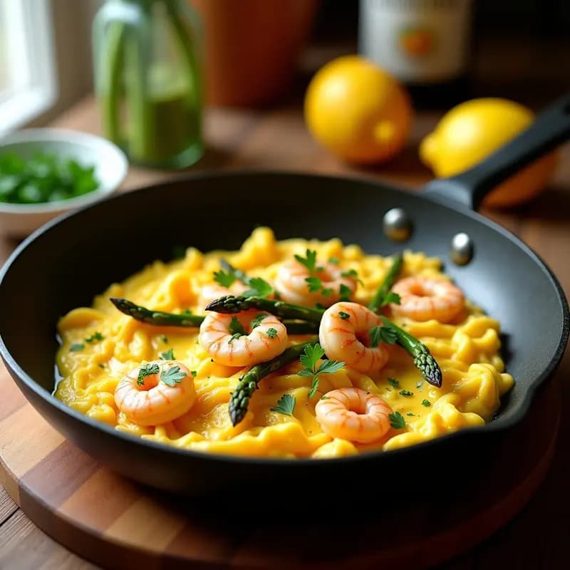 Revuuelto de Espárragos Trigueros y Gambas: Receta Primaveral con Huevo en su Punto