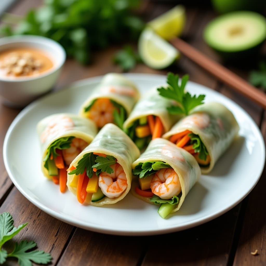 Rice Paper Rolls de Mango Verde y Camarones con Salsa de Cacahuete: Entrante Vietnamita Crujiente Sin Freír