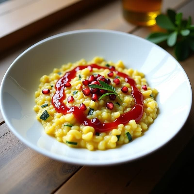 Risotto de Azafrán y Calabacín con Vinagreta de Granada: Receta Persa Sin Lactosa