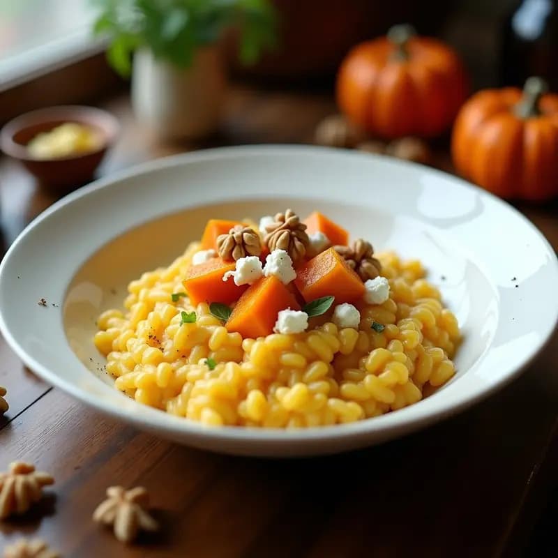 Risotto de Azafrán con Calabaza Asada y Queso de Castañas: Receta Italiana Sin Lácteos