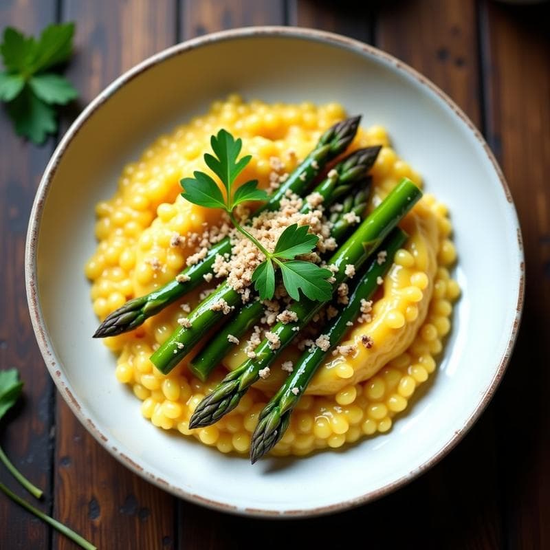Risotto de Azafrán y Espárragos con Queso de Cáscara de Anacardo: Receta Vegana Gourmet