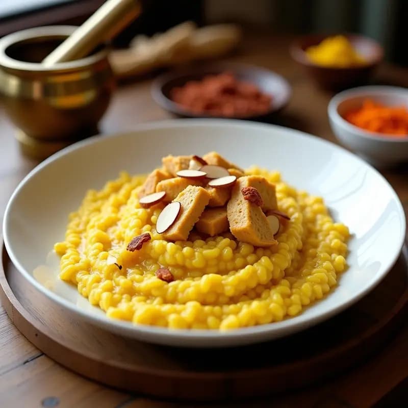 Risotto de Azafrán con Pollo al Curry Madrás: Receta India-Italiana Fusion en 25 Minutos