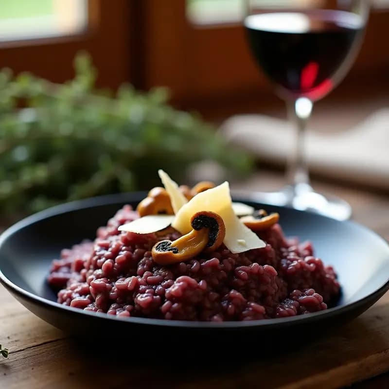Risotto de Azúcar Morena y Vino Tinto con Champiñones Silvestres: Receta Francesa Gourmet