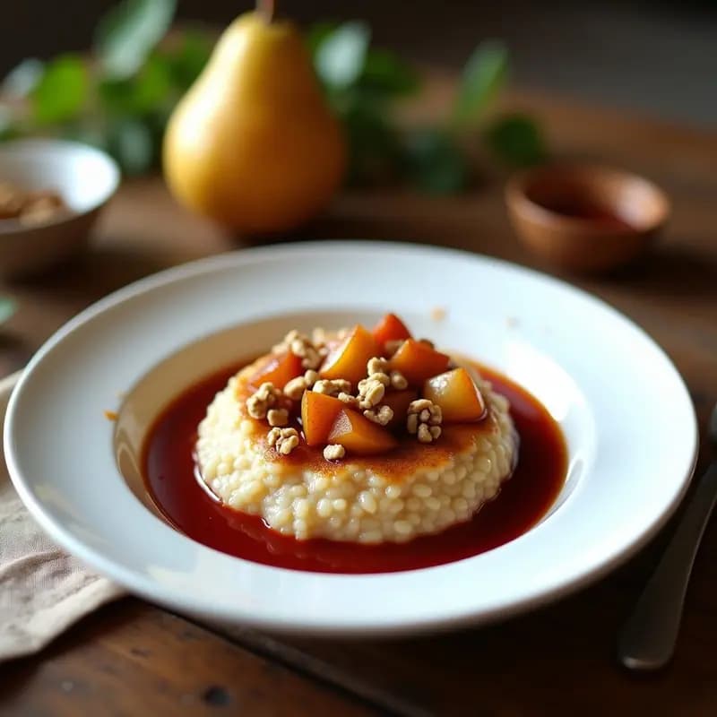 Risotto de Azúcar Moreno con Peras Caramelizadas: Postre Italiano Gourmet