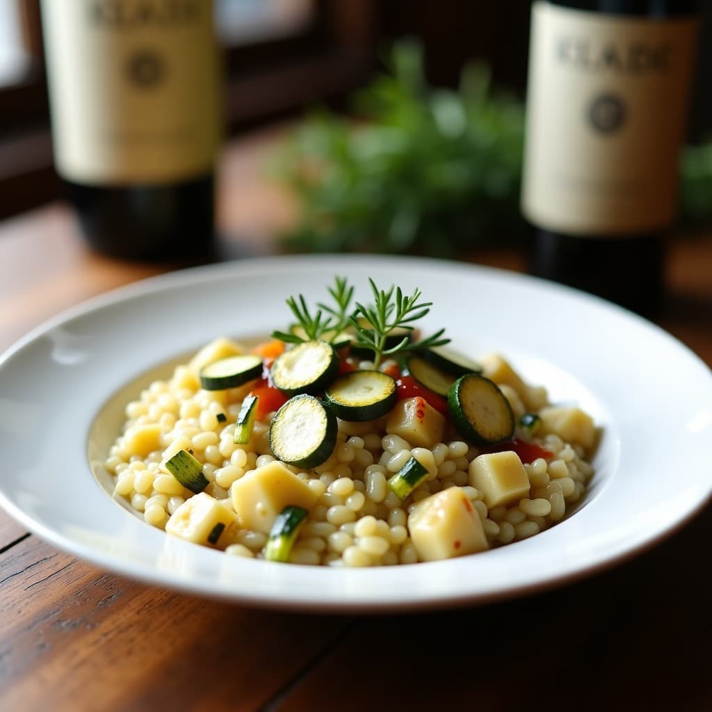 Risotto de Calabacín y Queso Azul con Reducción de Vino Tinto: Receta Francesa Gourmet