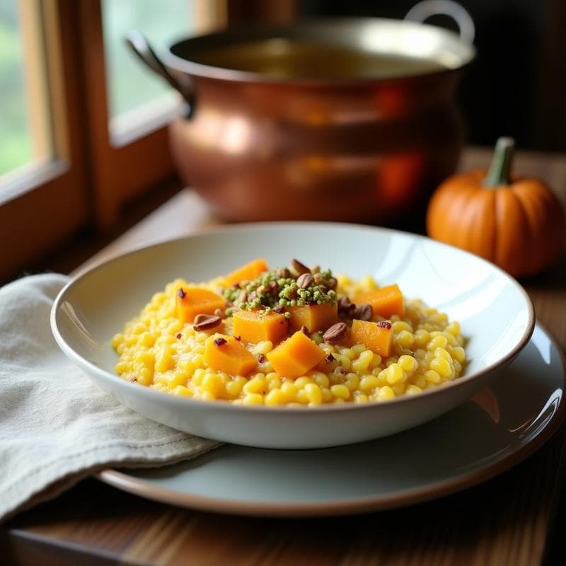 Risotto de Calabaza Butternut y Azafrán con Crujiente de Pistacho: Receta Italiana Sin Lactosa