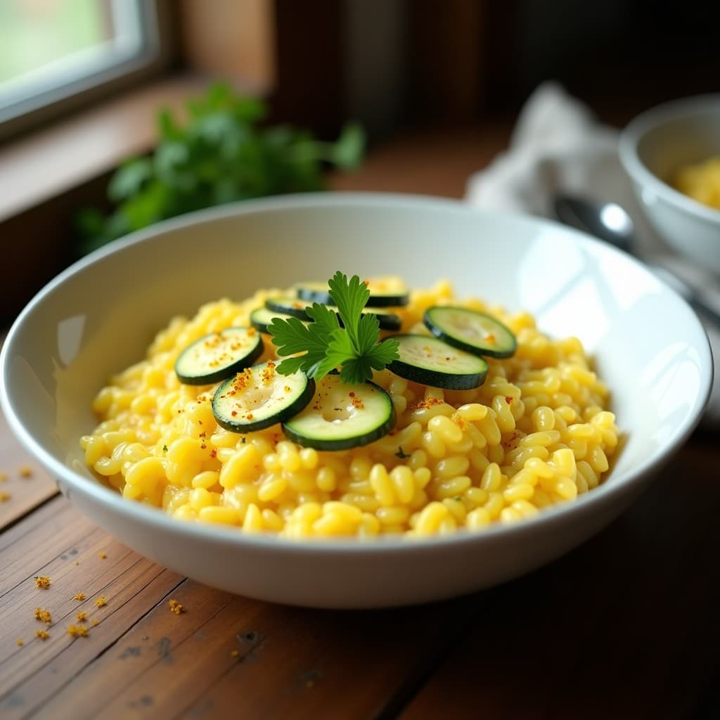 Risotto de Calabacín y Azafrán con Queso de Cashew: Receta Vegana y Sin Lactosa