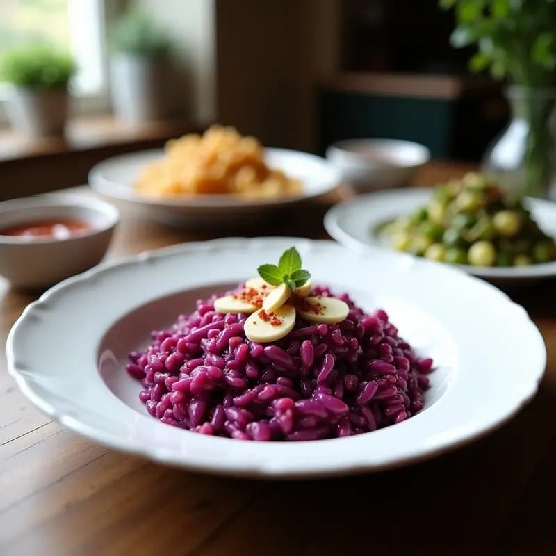 Risotto de col morada y queso de almendras con vinagreta de frambuesa: Receta gourmet sin lácteos