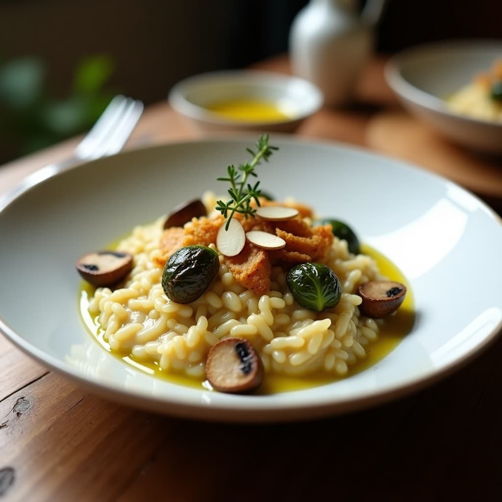 Risotto de Coles de Bruselas y Champiñones: Receta Italiana Vegana con Toque Crujiente