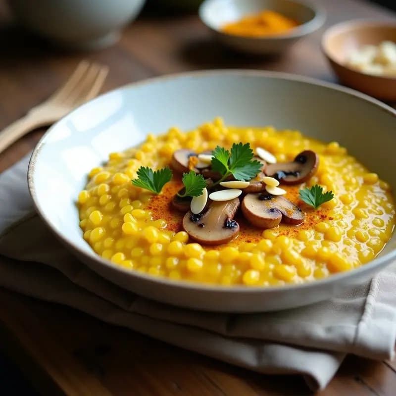 Risotto de Cúrcuma y Champiñones con Caldo de Miso: Receta Italiana-Japonesa Vegana