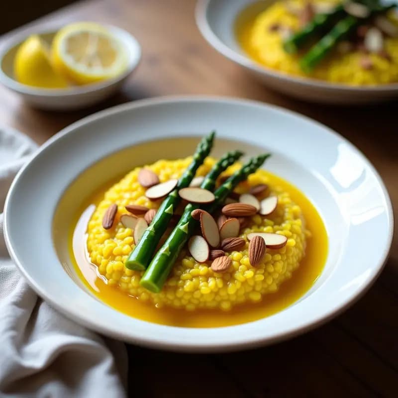 Risotto de Cúrcuma y Espárragos con Caldo de Azafrán: Receta Italiana Vegana y Detox
