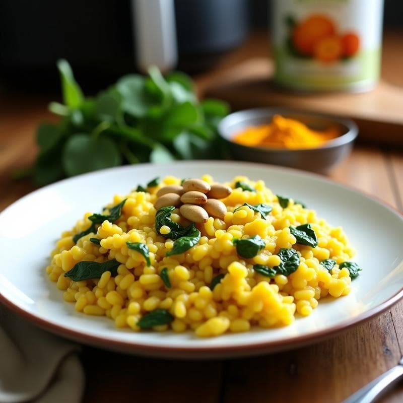 Risotto de Cúrcuma y Espinacas: Receta en Airfryer Sin Lácteos y Alta en Proteína