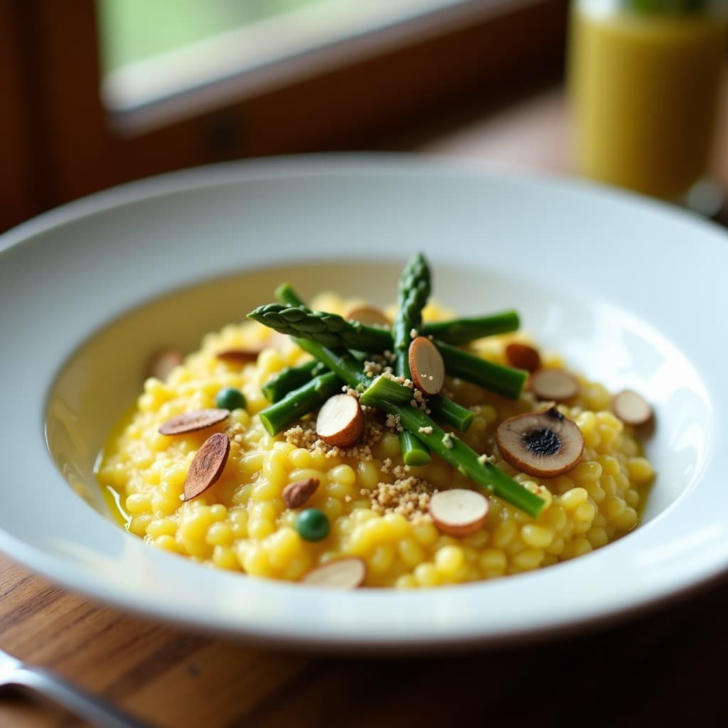 Risotto de Espárragos Verdes y Azafrán con Caldo de Champiñones: Receta Gourmet Sin Lactosa