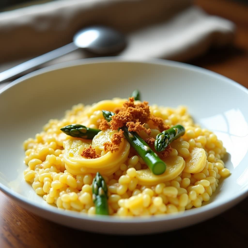 Risotto de Espárragos Blancos y Azafrán con Crujiente de Almendra: Receta Italiana Sin Lactosa