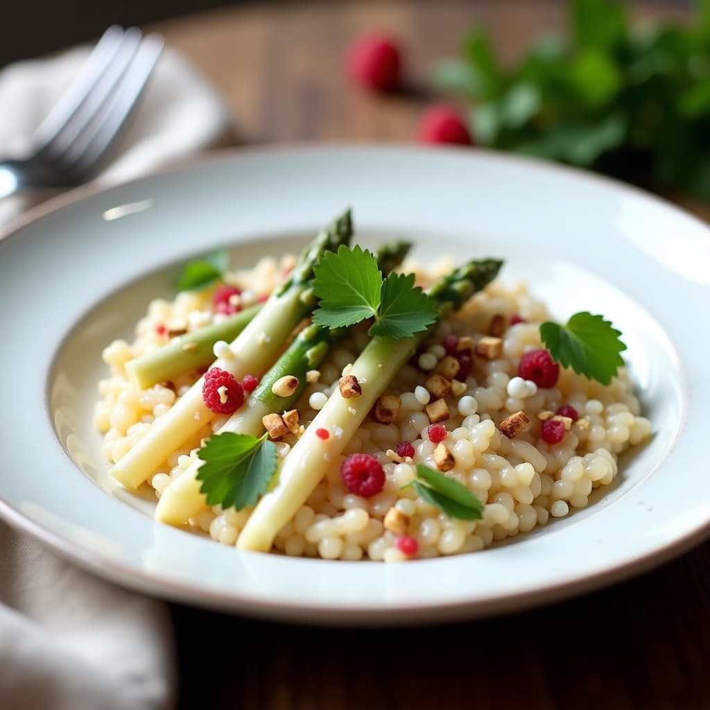 Risotto de Espárragos Blancos y Queso de Cabra con Vinagre de Frambuesa: Receta Francesa Keto en 25 Minutos