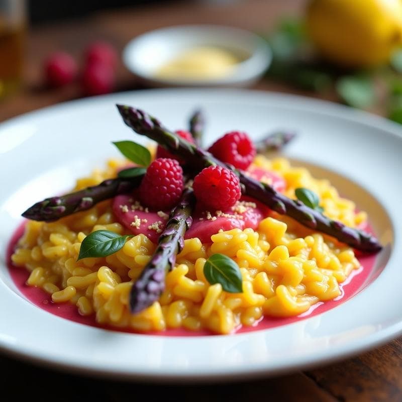 Risotto de Espárragos Morados y Azafrán con Vinagreta de Frambuesa: Receta Italiana Gourmet