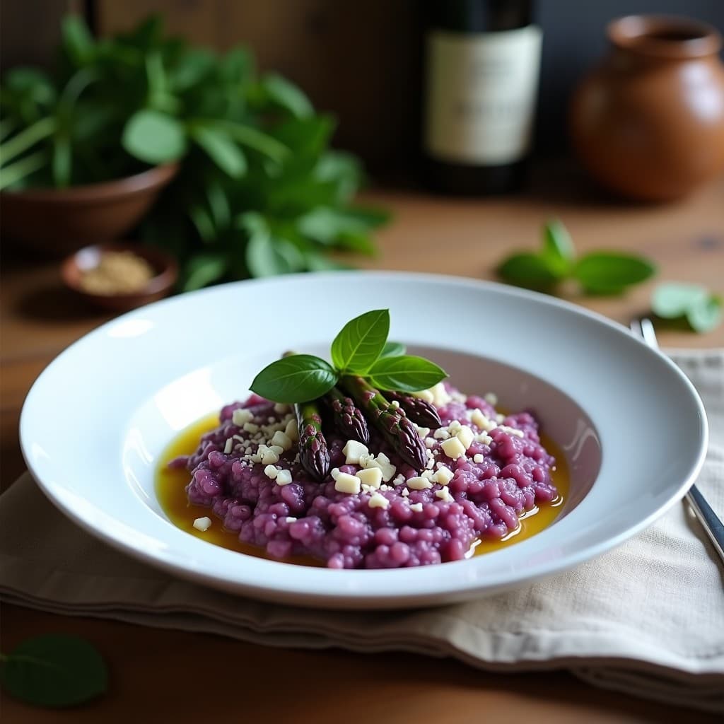Risotto de Espárragos Morados y Queso de Almendras: Receta Italiana Sin Lactosa y Alta en Fibra