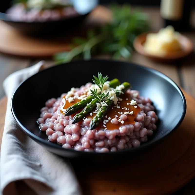 Risotto de Espárragos Morados y Queso Azul con Reducción de Oporto: Receta Portuguesa Gourmet