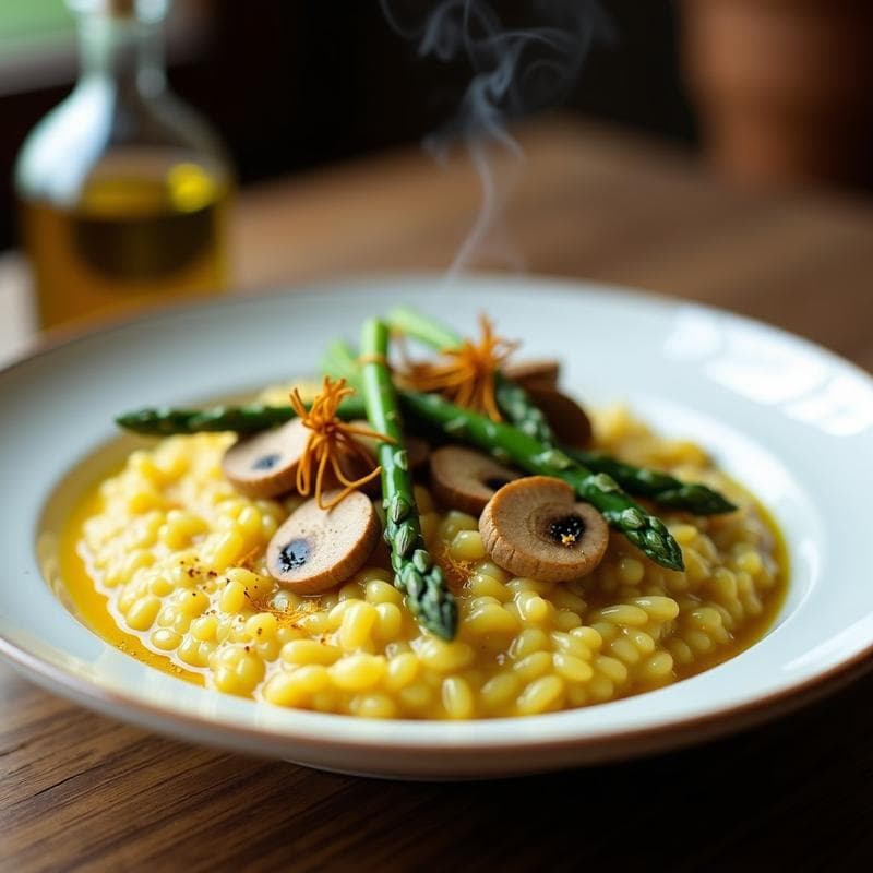 Risotto de Espárragos Verdes y Azafrán con Caldo de Hongos: Receta Italiana Sin Gluten