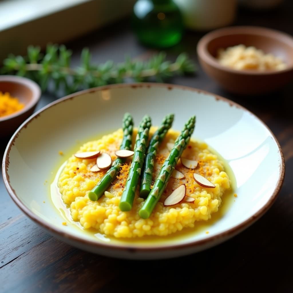 Risotto de Espárragos Verdes y Azafrán con Leche de Almendras: Receta Keto y Sin Lácteos