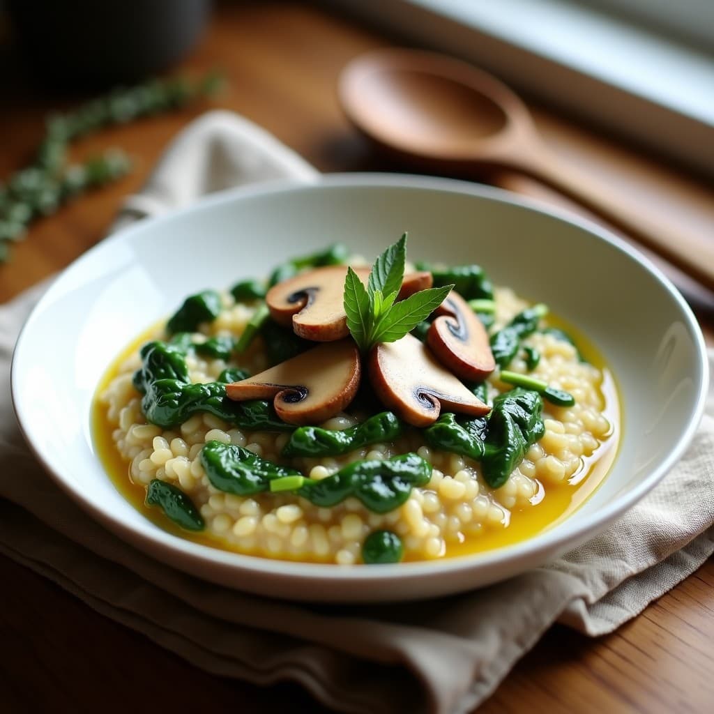 Risotto de Espinacas y Champiñones con Caldo de Hongos: Receta Vegana en Thermomix