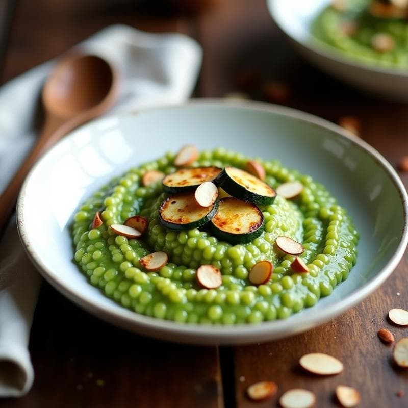 Risotto de Espirulina y Calabacín con Crujiente de Almendras: Receta Vegana Alta en Proteína en Thermomix