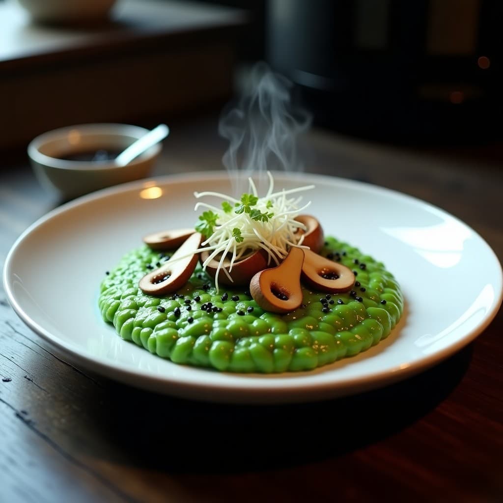 Risotto de Espirulina y Champiñones Shiitake: Receta Antioxidante en Thermomix con Toque Futurista