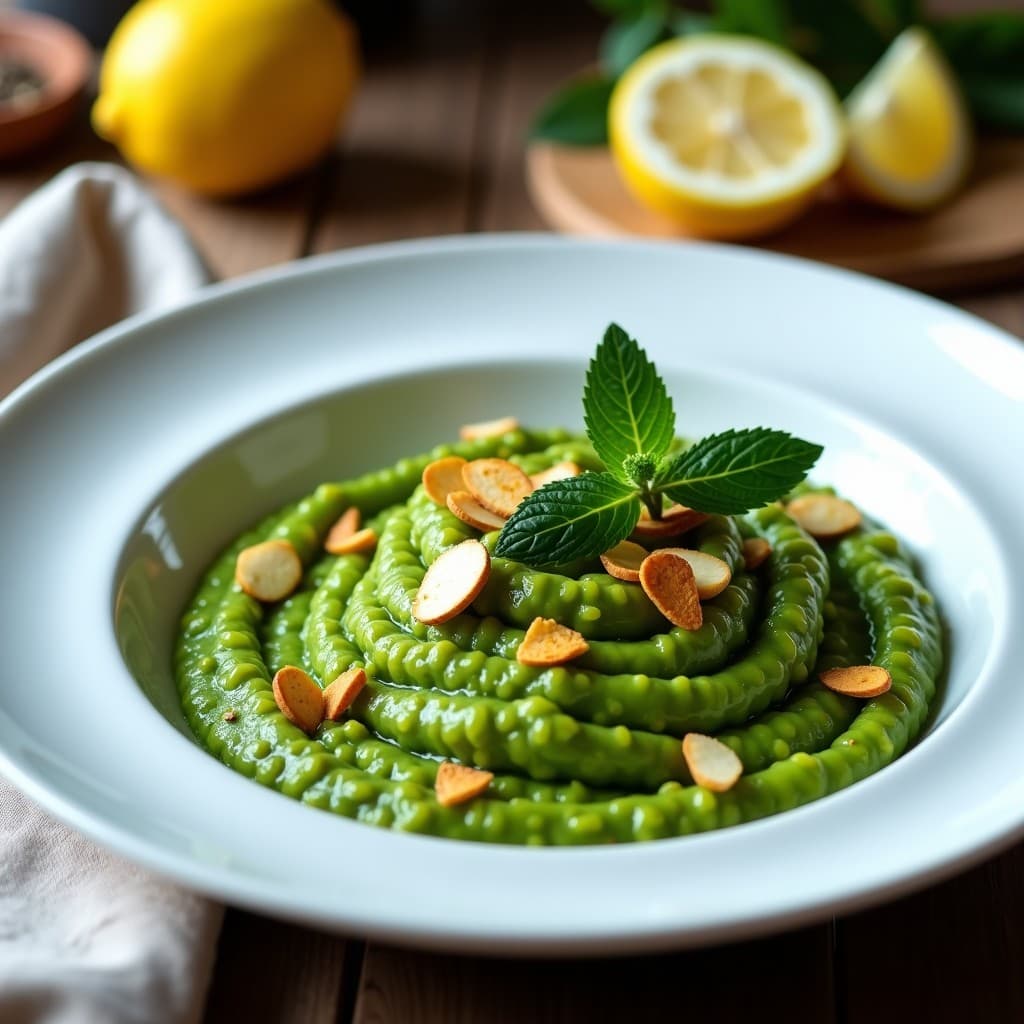Risotto de Espirulina y limón con Virutas de Almendra: Receta Gourmet Vegana en Olla Express