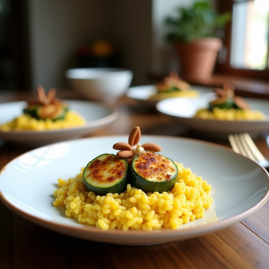 Risotto de Flor de Calabacín y Azafrán con Crujiente de Almendras: Receta Italiana Sin Lactosa