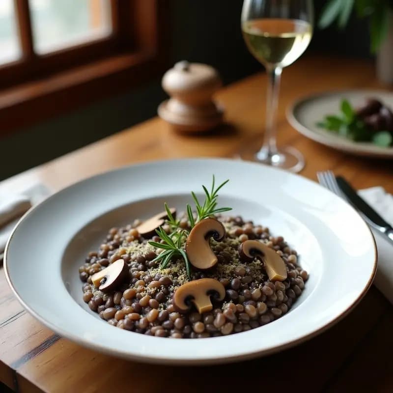 Risotto de Lentejas Negras y Champiñones: Receta Italiana Vegana con Toque Umami