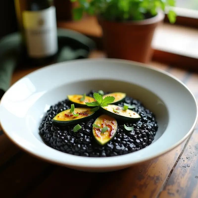 Risotto Negro con Calabacines al Horno: Receta Italiana Gourmet y Sin Lactosa