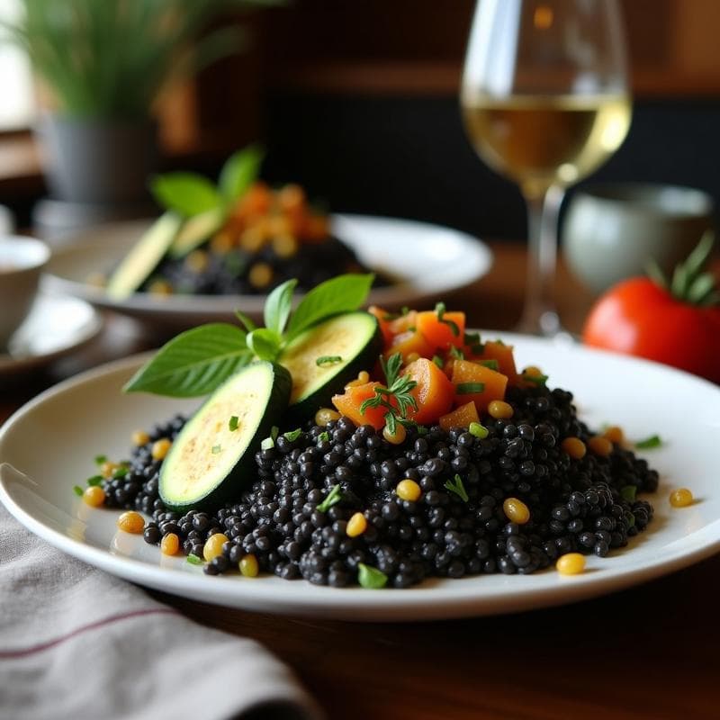 Risotto Negro con Calabacines: Receta Vegana con Aquafaba y Toque Mediterráneo en 30 Minutos