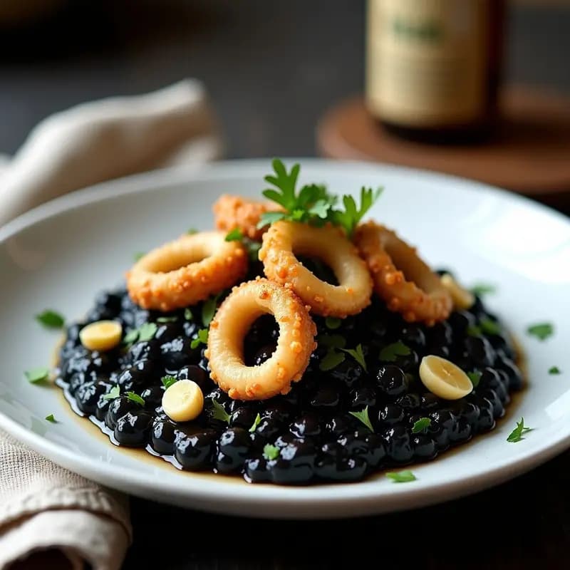 Risotto al Nero di Seppia con Calamares y Ajo: Receta Italiana de Mar Oscura