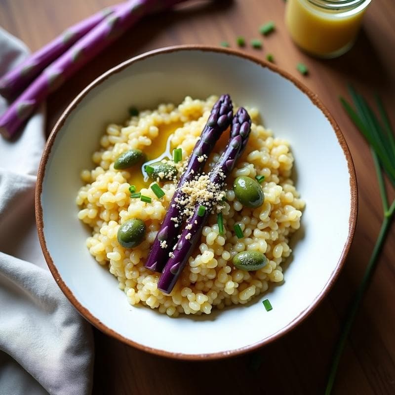 Risotto de Quinoa con Espárragos Morados y Queso de Anacardos: Receta Keto y Sin Lácteos en 25 Minutos
