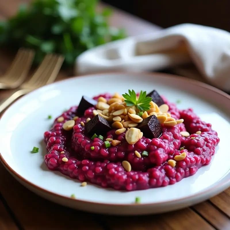 Risotto de Remolacha y Cabra con Crujiente de Almendras: Receta Italiana Vegana y Colorida
