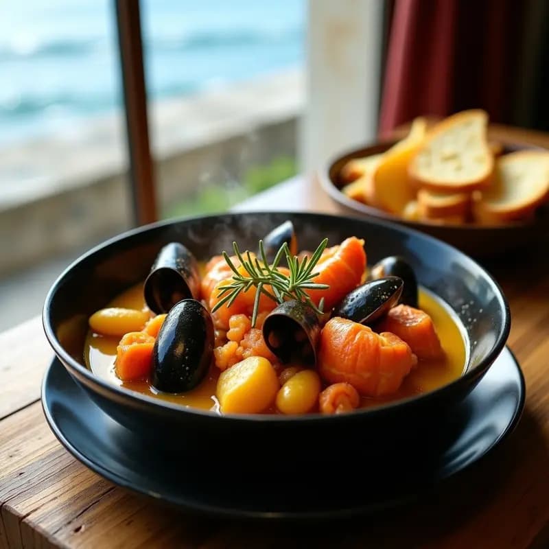 Roganic de Mariscos y Azafrán: Guiso Croata de Langosta y Mejillones en Salsa de Vino Blanco