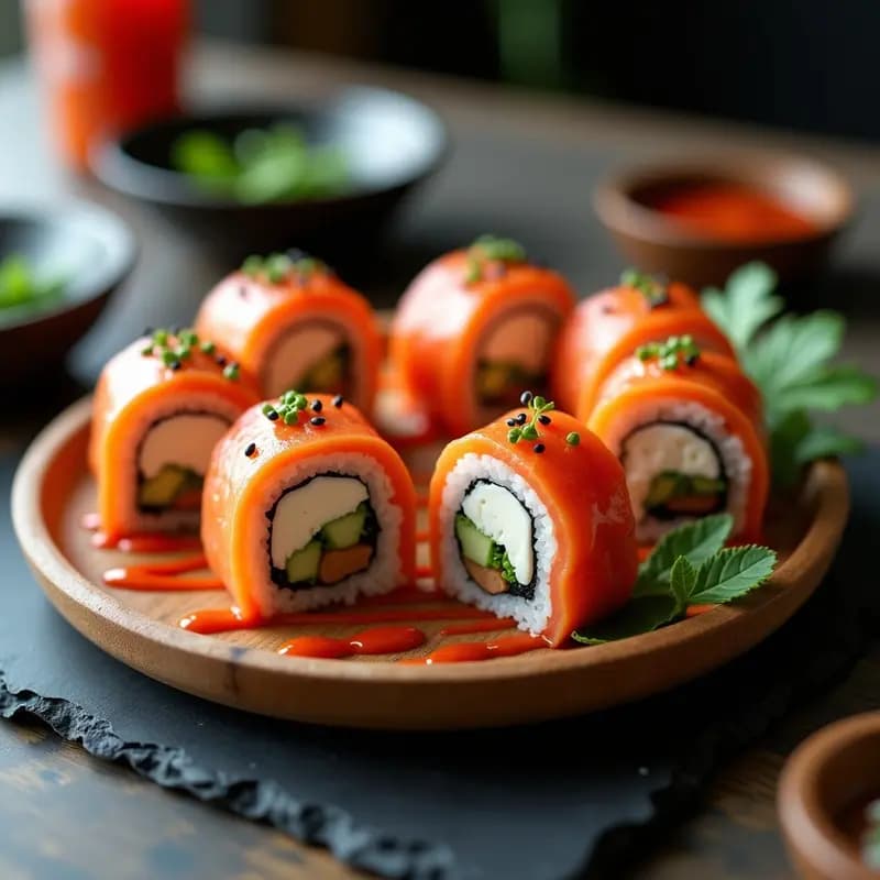 Rolling Sushi de Salmón y Queso Crema con Salsa Sriracha: Aperitivo Japonés Picante en 15 Minutos
