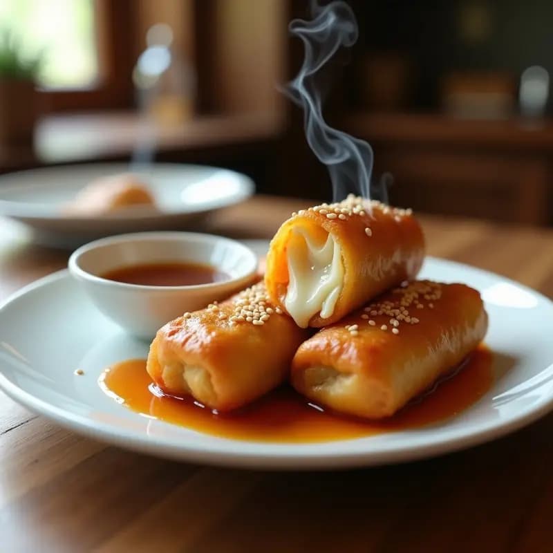 Rollito de Primavera Frito Relleno de Pollo Teriyaki y Queso Mozzarella: Fusion Asiática Extrema