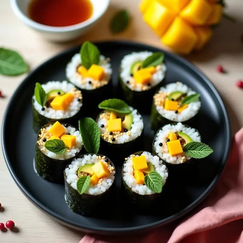 Rollitos de Alga Nori con Aguacate, Manga y Semillas de Sésamo: Sushi Dulce Sin Pescado