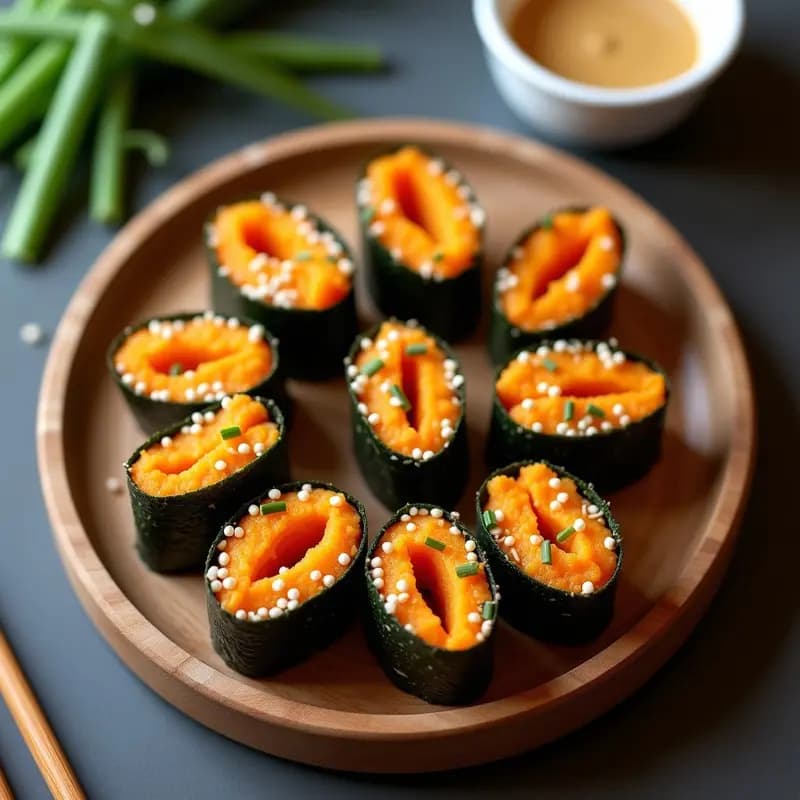 Rollitos de Algas Nori Rellenos de Puré de Boniato y Tahini: Entrante Japonés Vegano y Crujiente