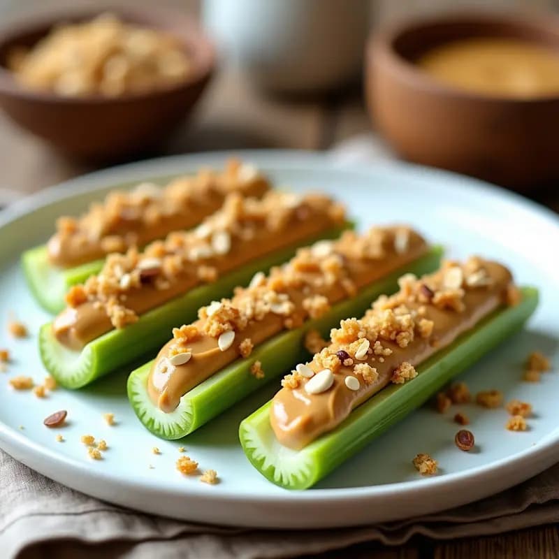 Rollitos de Apio y Mantequilla de Cacahuete con Granola de Quinoa: Desayuno Keto y Crunchy