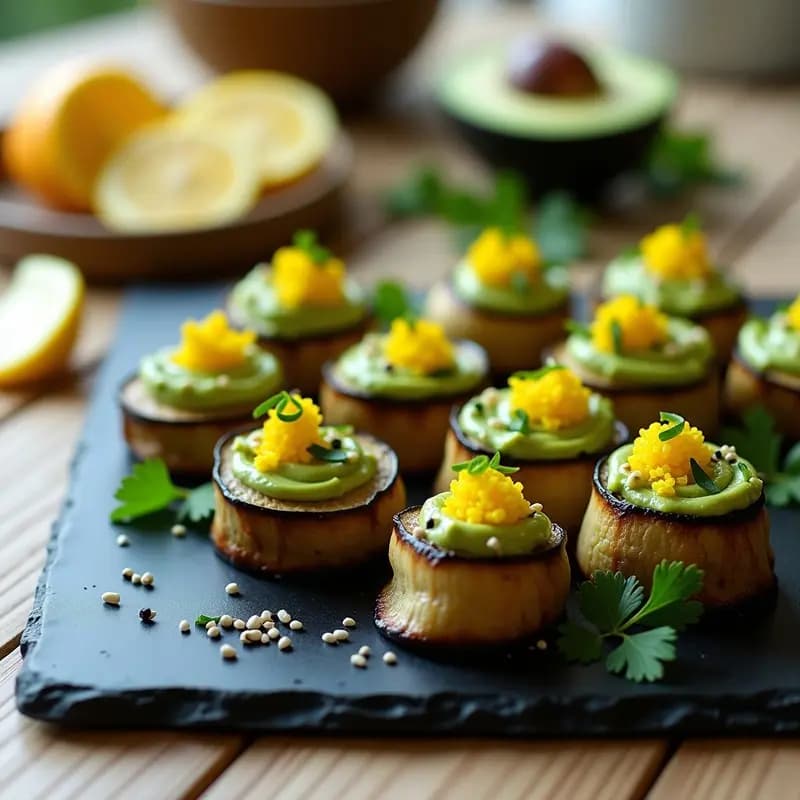 Rollitos de Berenjena Ahumada con Crema de Aguacate y Caviar de Limón: Aperitivo Líbano Moderno