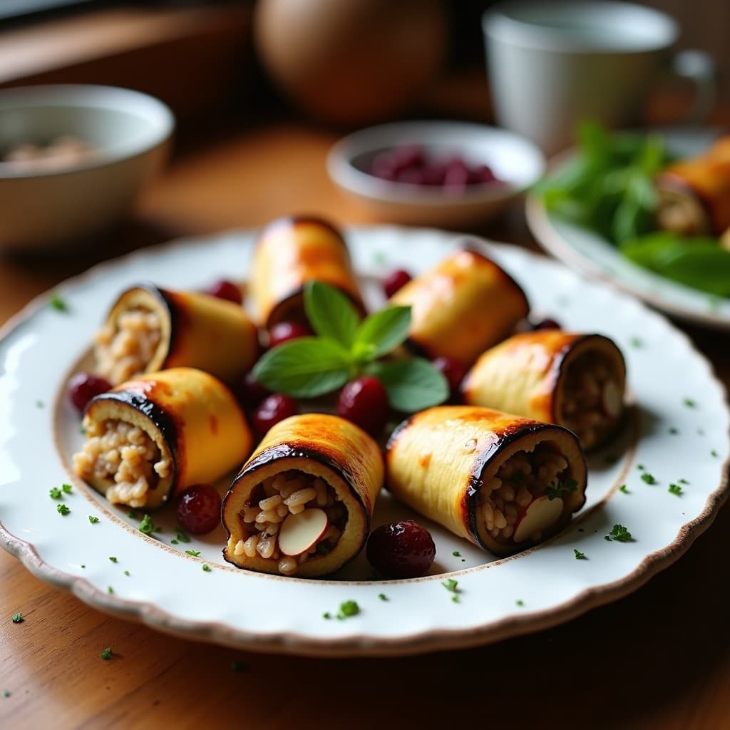 Rollitos de Berenjena con Relleno de Arroz Salvaje y Arándanos: Receta Vegana al Horno